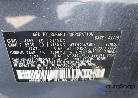 2018 Subaru Outback 2.5I из США, поврежденный, VIN 4S4BSAACXJ3303106